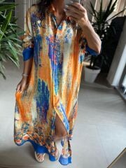 My 3456 Turuncu-Saks Etnik Desen Gömlek Elbise