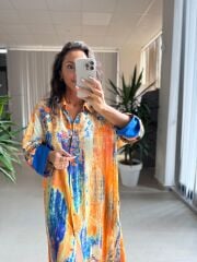 My 3456 Turuncu-Saks Etnik Desen Gömlek Elbise