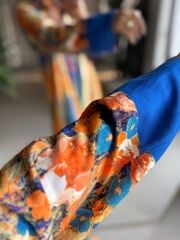 My 3456 Turuncu-Saks Etnik Desen Gömlek Elbise