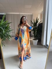 My 3456 Turuncu-Saks Etnik Desen Gömlek Elbise