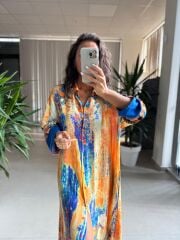 My 3456 Turuncu-Saks Etnik Desen Gömlek Elbise