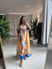 My 3456 Turuncu-Saks Etnik Desen Gömlek Elbise