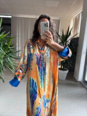 My 3456 Turuncu-Saks Etnik Desen Gömlek Elbise