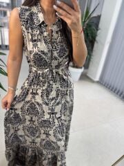 My 3730 Siyah Şal Desen Gömlek Yaka Elbise