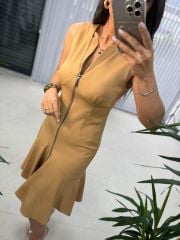 Mc 5771 Volanlı Fermuarlı Camel Elbise
