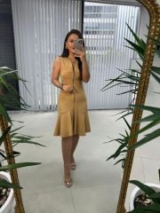 Mc 5771 Volanlı Fermuarlı Camel Elbise
