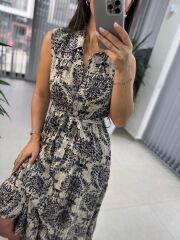 My 3730 Siyah Şal Desen Gömlek Yaka Elbise