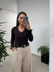 Dv 10427 Kahve V Yaka Kol Yırtmaçlı Triko Kazak