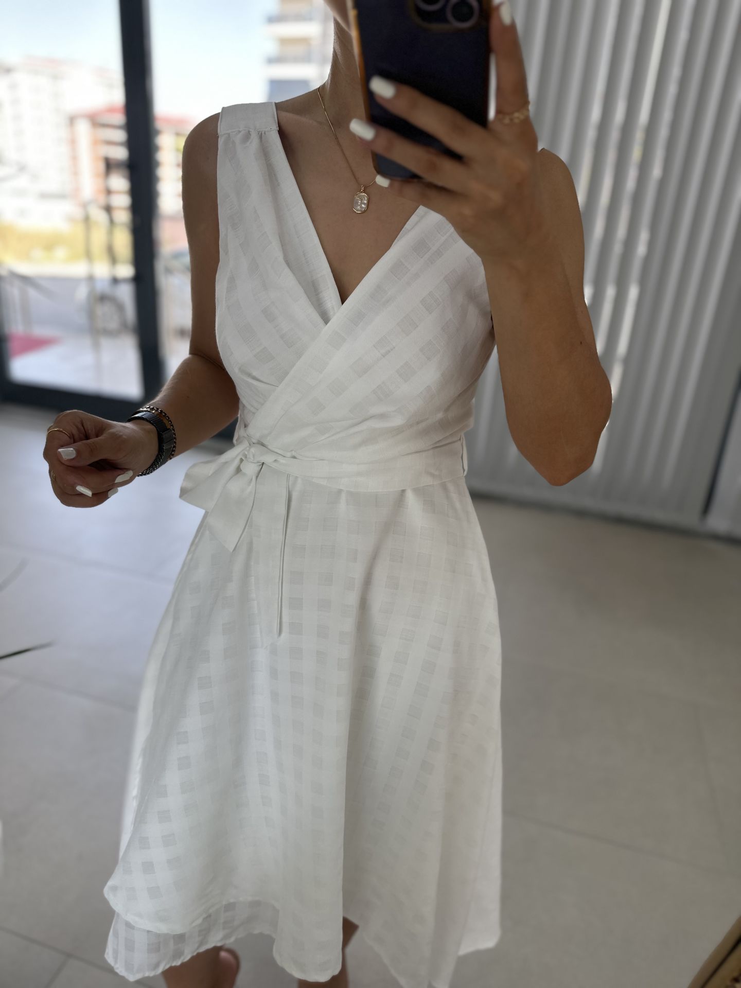 Double Breasted Detailed Voile White Dress