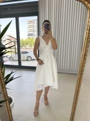 Double Breasted Detailed Voile White Dress