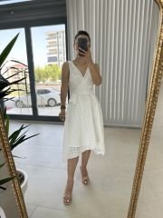 Double Breasted Detailed Voile White Dress