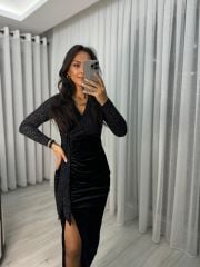 My 3322 Sim Detaylı Siyah Drapeli Elbise