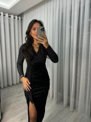 My 3322 Sim Detaylı Siyah Drapeli Elbise