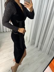 My 3322 Sim Detaylı Siyah Drapeli Elbise