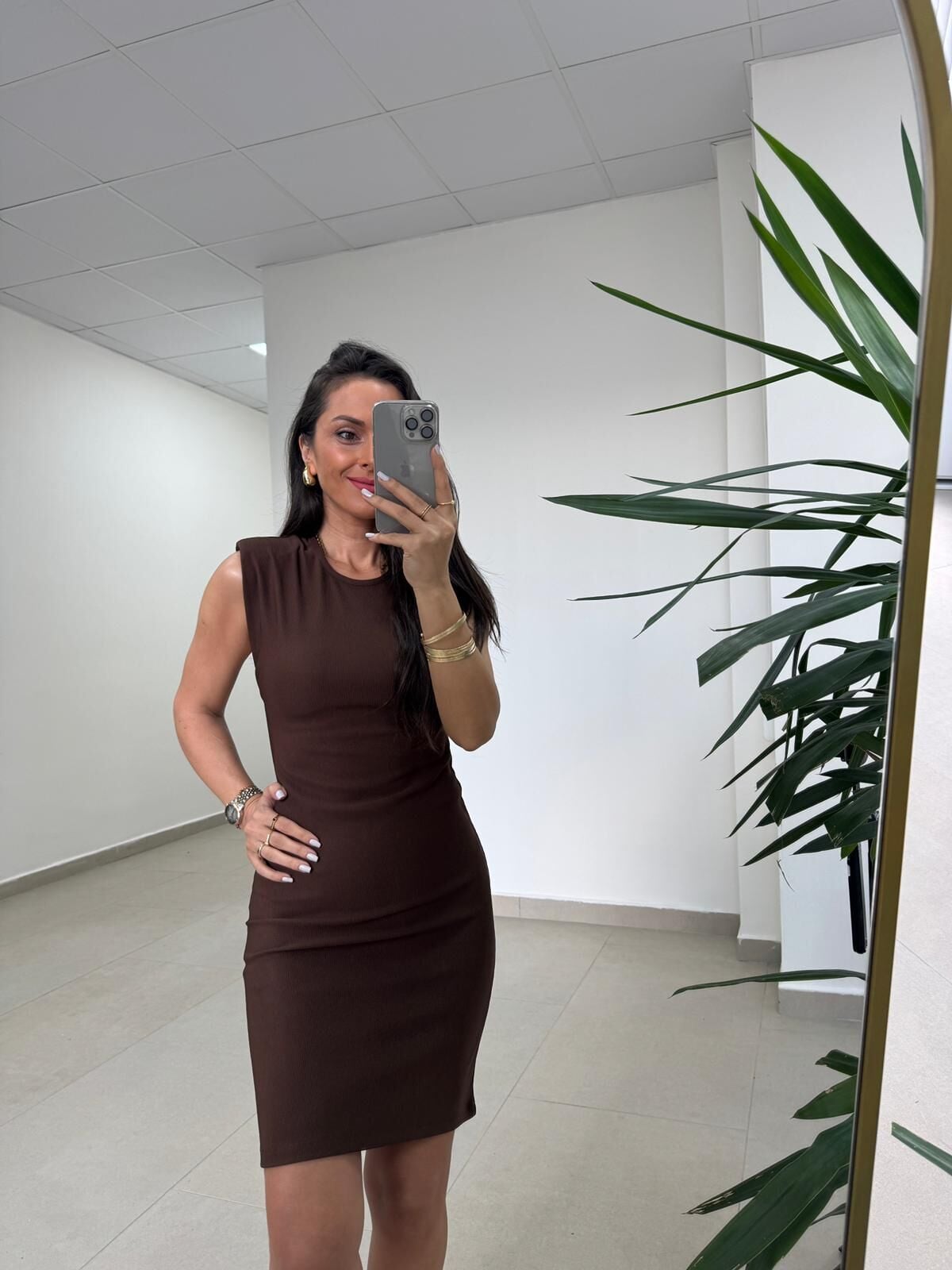 Mz 22606 Omuz Vatkalı Fitilli A.Kahve Elbise