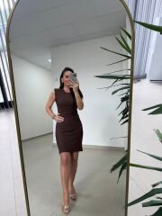 Mz 22006 Omuz Vatkalı Fitilli A.Kahve Elbise