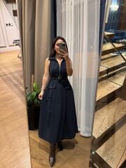 La 69288 Fermuar Detaylı Sıfır Kol Kemerli Laci Elbise