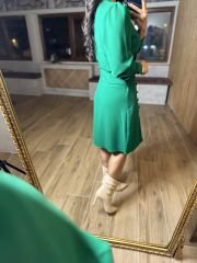 Ms Yan düğmeli b yesil crep elbise