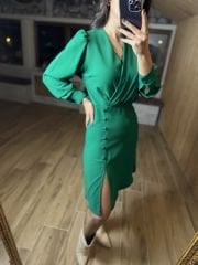 Ms Yan düğmeli b yesil crep elbise