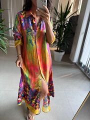 My 3456 Pembe-Sarı Etnik Desen Gömlek Elbise