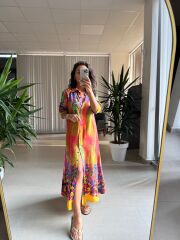 My 3456 Pembe-Sarı Etnik Desen Gömlek Elbise