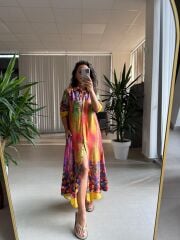 My 3456 Pembe-Sarı Etnik Desen Gömlek Elbise