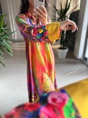 My 3456 Pembe-Sarı Etnik Desen Gömlek Elbise