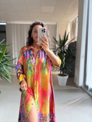 My 3456 Pembe-Sarı Etnik Desen Gömlek Elbise