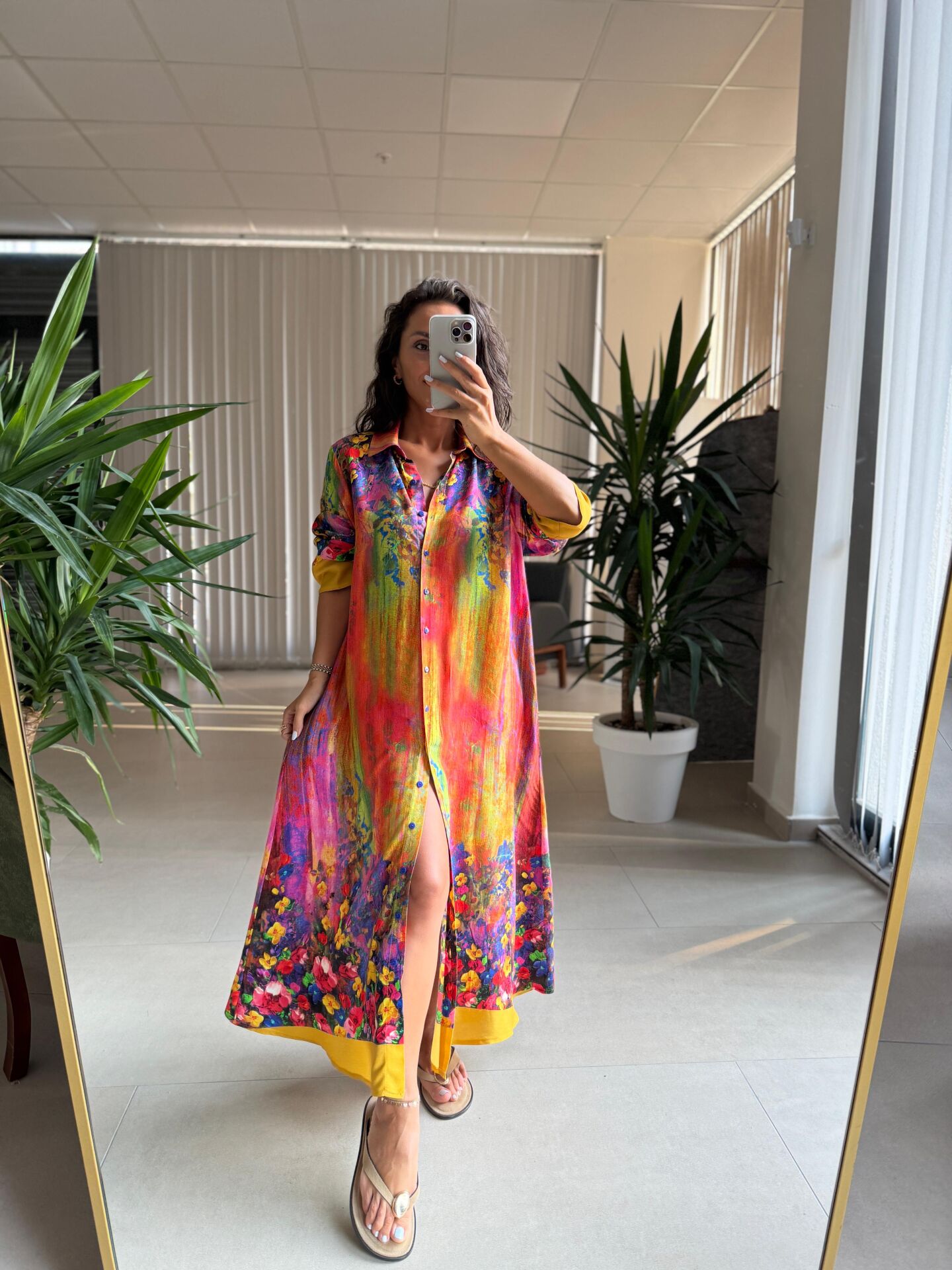 My 3456 Pembe-Sarı Etnik Desen Gömlek Elbise