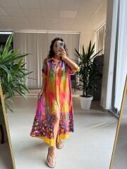 My 3456 Pembe-Sarı Etnik Desen Gömlek Elbise