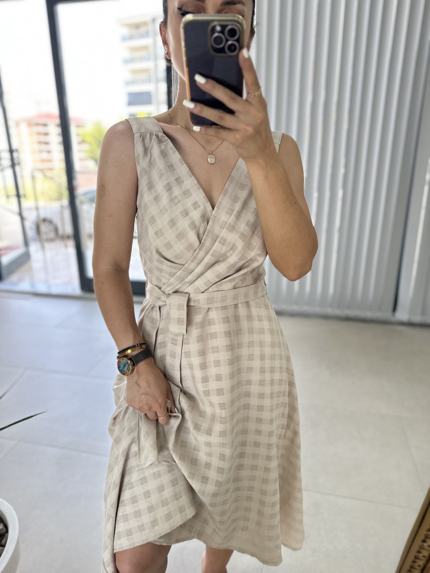 Double Breasted Detailed Voile Stone Dress