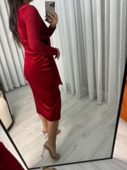 My 3322 Sim Detaylı Kırmızı Drapeli Elbise