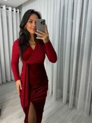 My 3322 Sim Detaylı Kırmızı Drapeli Elbise