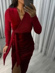 My 3322 Sim Detaylı Kırmızı Drapeli Elbise