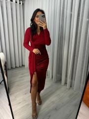 My 3322 Sim Detaylı Kırmızı Drapeli Elbise
