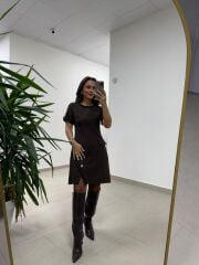 Mc 5110 Püsküllü Chanel Simli Kahve Elbise