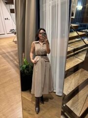 La 69288 Fermuar Detaylı Sıfır Kol Kemerli Camel Elbise