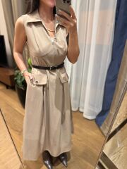 La 69288 Fermuar Detaylı Sıfır Kol Kemerli Camel Elbise