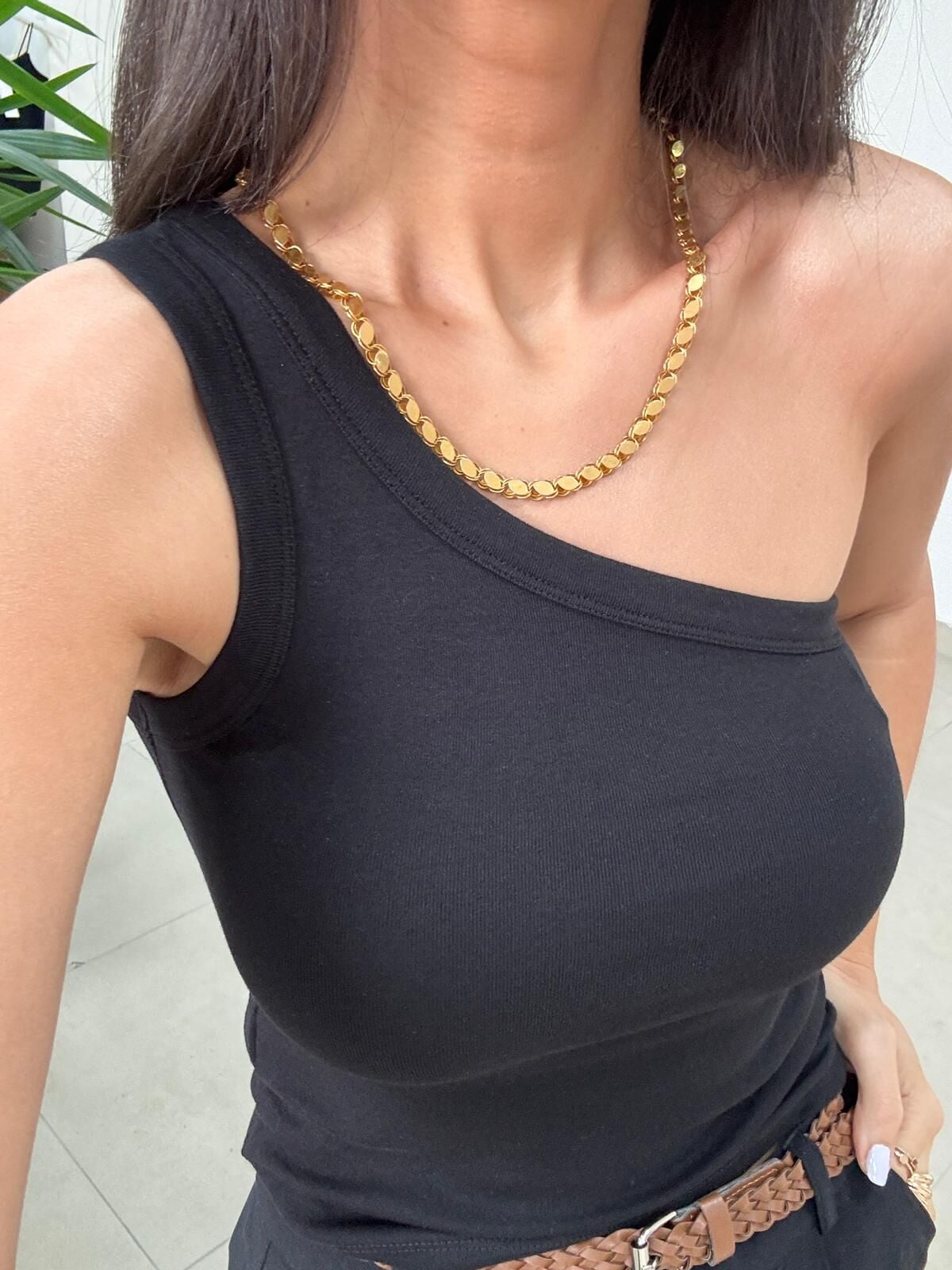 İv 7320 Pamuklu Tek Omuz Siyah Bluz