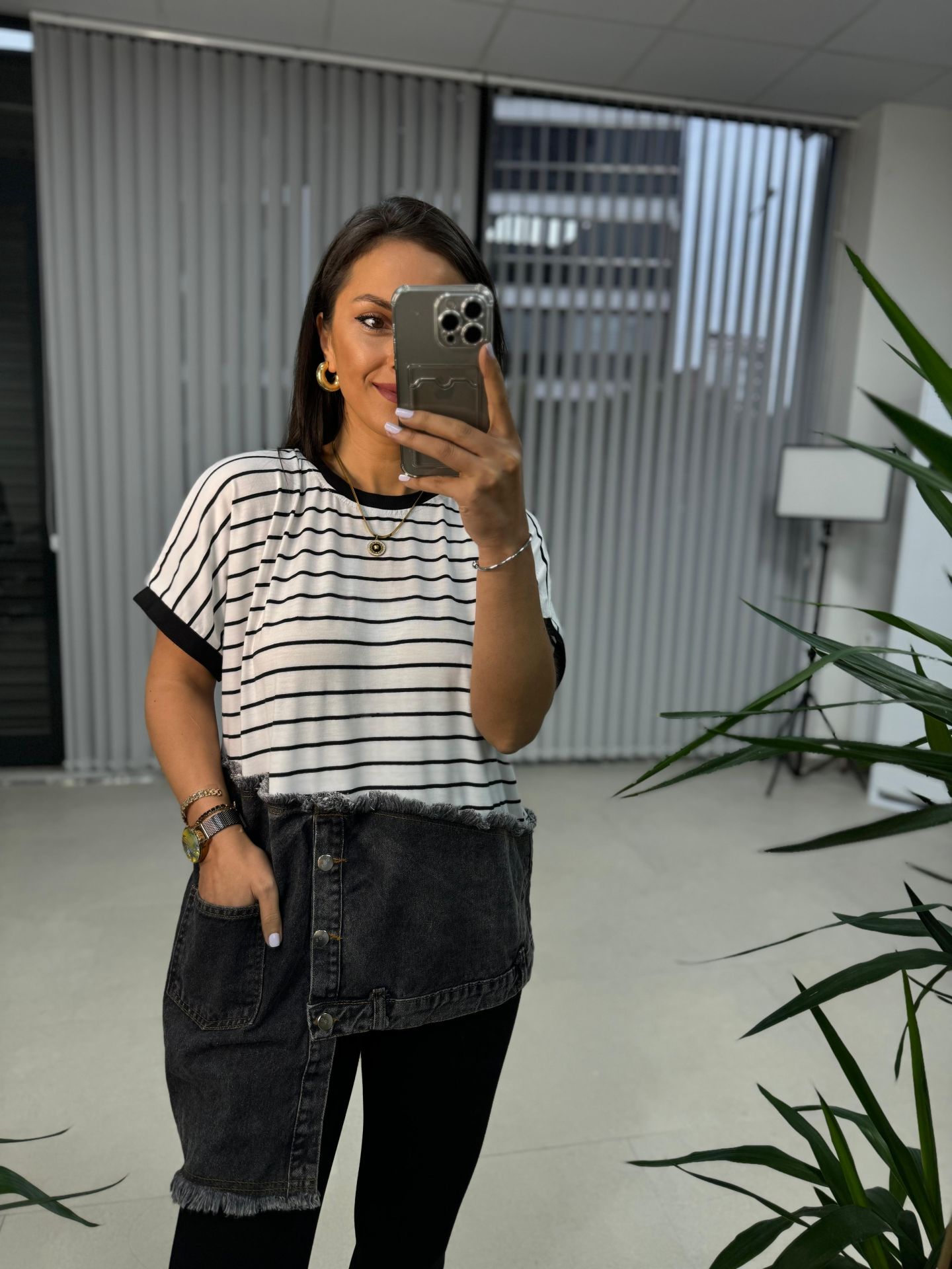 Dr 2570  Tasarım Denim Detaylı Çizgili Sweat