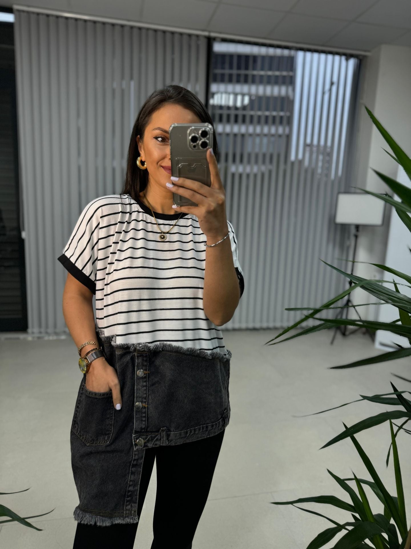 Dr 2570  Tasarım Denim Detaylı Çizgili Sweat