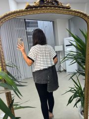 Dr 2570  Tasarım Denim Detaylı Çizgili Sweat