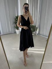 Double Breasted Detailed Voile Black Dress
