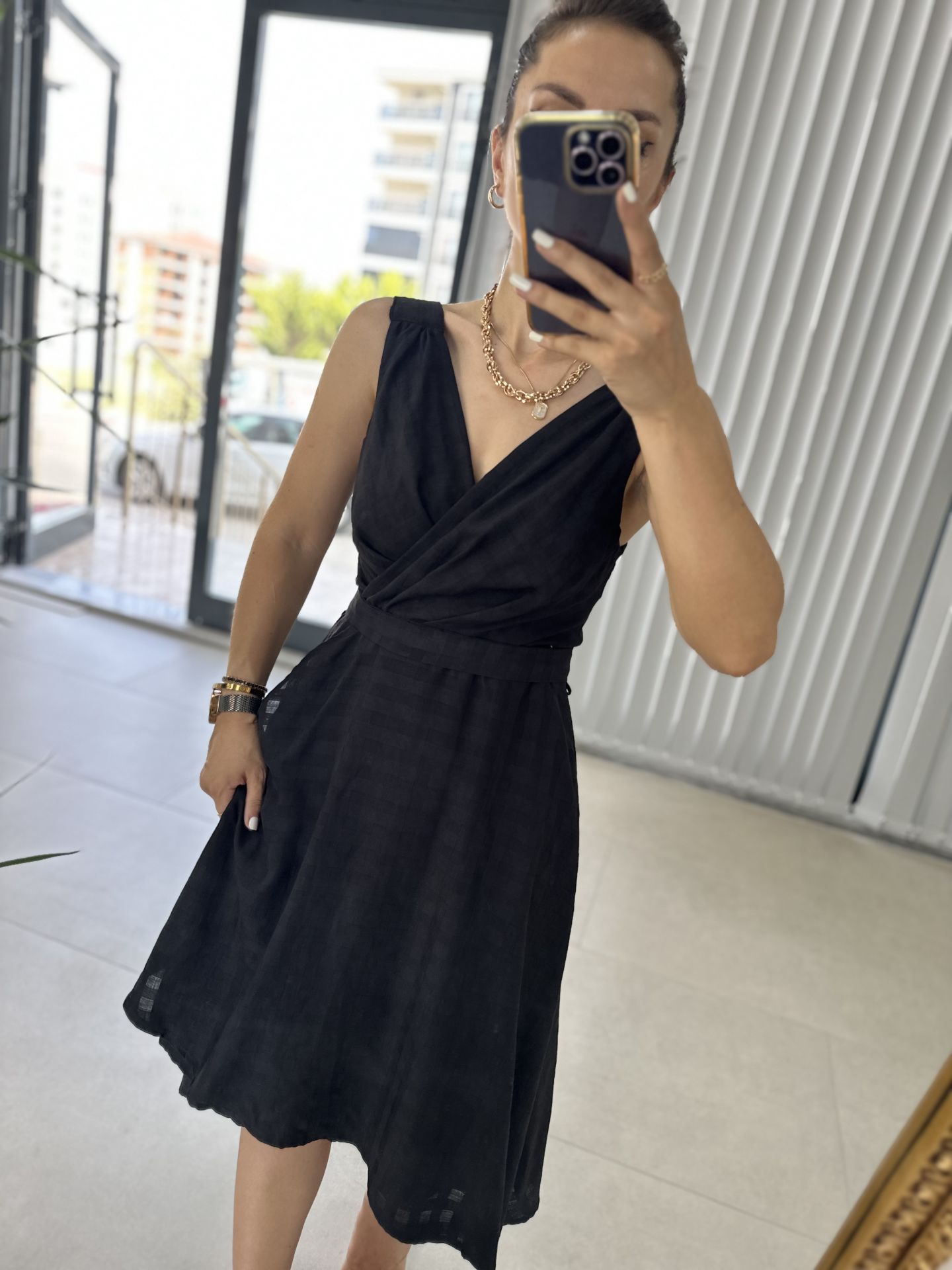 Double Breasted Detailed Voile Black Dress