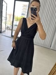 Double Breasted Detailed Voile Black Dress
