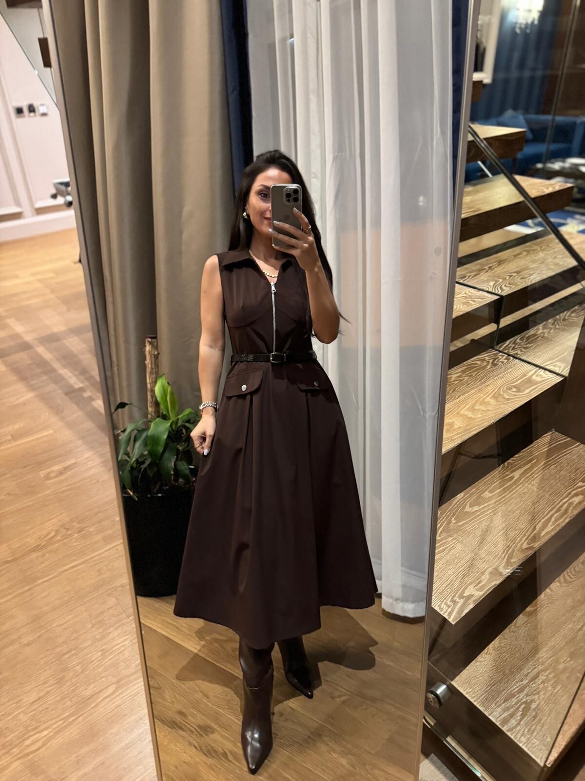 La 69288 Fermuar Detaylı Sıfır Kol Kemerli A.kahve Elbise