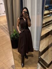 La 69288 Fermuar Detaylı Sıfır Kol Kemerli A.kahve Elbise