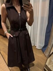 La 69288 Fermuar Detaylı Sıfır Kol Kemerli A.kahve Elbise