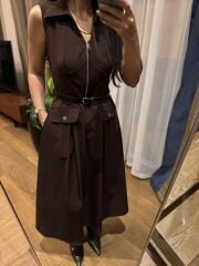 La 69288 Fermuar Detaylı Sıfır Kol Kemerli A.kahve Elbise