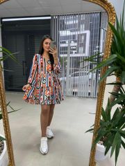 Ays Turuncu Düğmeli Şifon Elbise